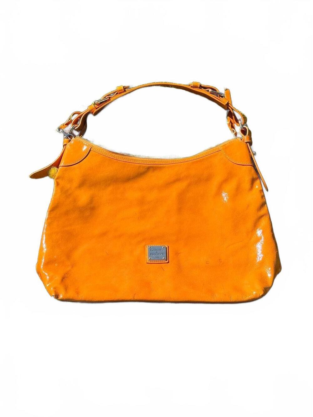 Dooney & Bourke Orange Patent Leather Hobo Shoulder Bag Pink Lining Vintage